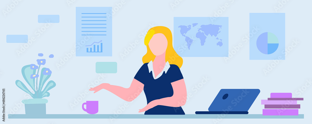 Woman working at a computer, books, schedule, board, workplace, vector Woman working at a computer, books, schedule, board, workplace, vector