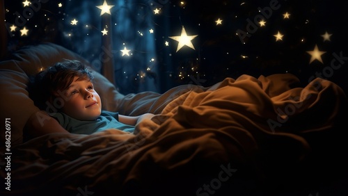 Generative AI image of a boy lays under a sleeping star in his bed sleeping