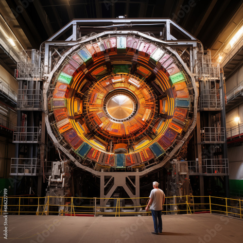 Man standing in front of Large Hadron Collider 