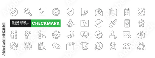 Set of 36 Checkmark line icons set. Checkmark outline icons with editable stroke collection. Includes Approval, Survey, Goal, Education, Message, and More.