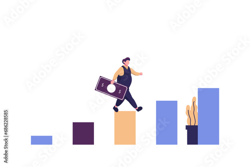 businessman running down the stairs and holding money, planning career, concept of career growth
