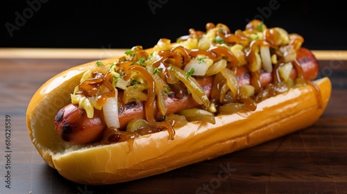 A macro shot of a sizzling hotdog loaded with onions, sauerkraut, and mustard.