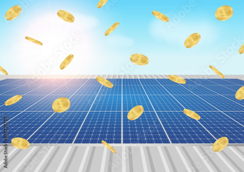 Saving Money and Energy with Solar Panel on the Roof of House. Solar Energy and Renewable Energy Sources. Clean and Green Energy. Vector Illustration.