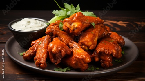 A mouthwatering pile of buffalo wings, coated in a spicy sauce and served with ranch dressing.