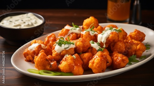 A plate of buffalo cauliflower bites with a side of blue cheese dressing.