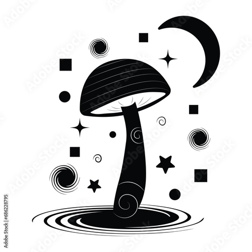 Mystical night mushroom isolated clipart, magic line celestial mushrooms, moon and stars. Black and white vector illustration.