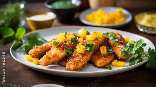 A plate of crispy coconut curry chicken tenders with mango chutney.