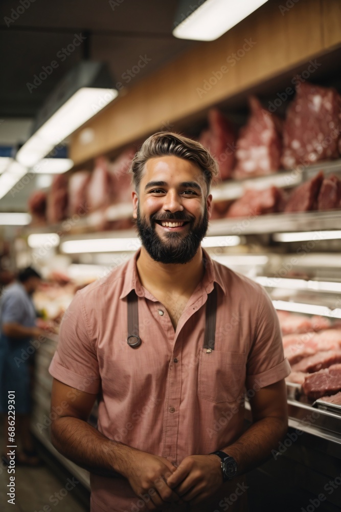 Young smiling bearded handsome man standing at the meat counter.