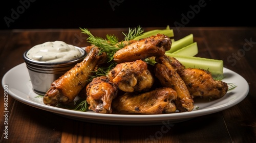 A plate of garlic chicken wings served with a side of ranch dressing.