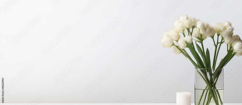 Minimal and elegant space with white background glass vase holding small fresh white garlic flowers on glossy white table with blank black frame mockup - obrazy, fototapety, plakaty 