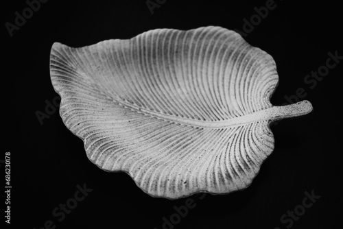 Beautiful leaf shaped ceramic plate on black background, top view
