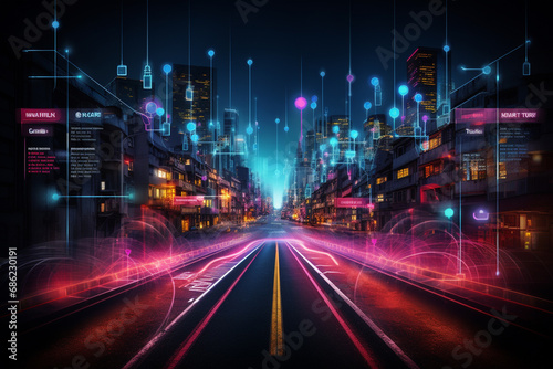Digital composite of Night city with light trails and connection lines over road