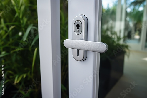 Close-up of white door handle and keyhole in modern building