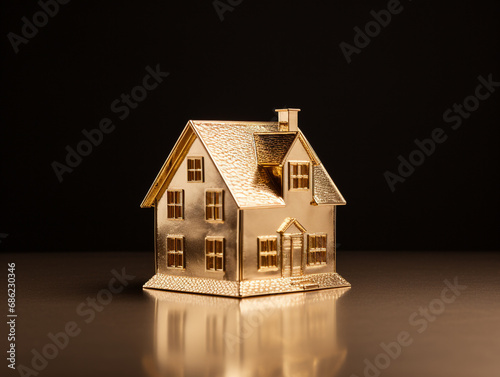 A golden house miniature model isolated on a plain background. 