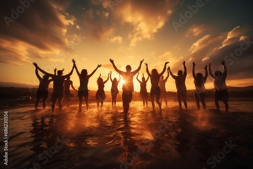 Silhouette of a group of people dancing on the beach at sunset