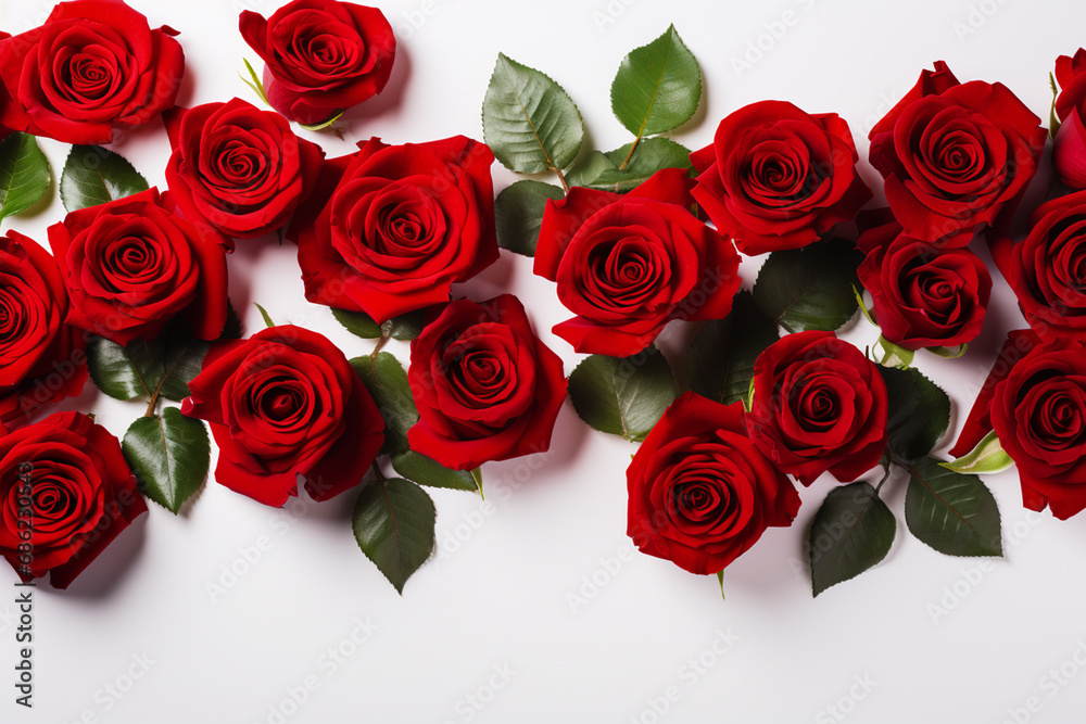 Red roses on white background, top view. Valentine's Day background Red roses on white background, top view. Valentine's Day background
