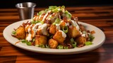 A plate of loaded tater tots, topped with cheese, bacon, and green onions.