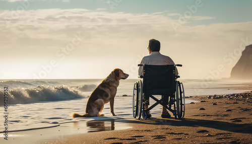Man on wheelchair wheelchair on the beach with dog #686230552