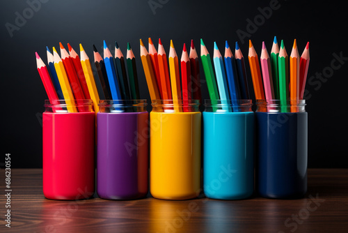 Colorful pencils in glass jars on wooden table over black background