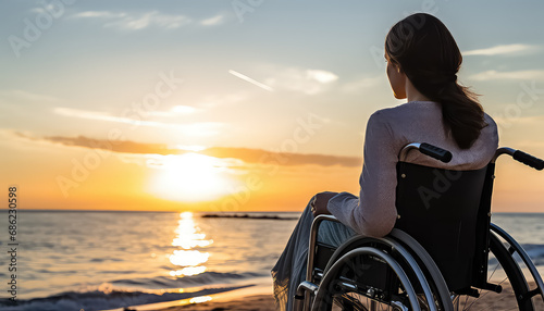 Happy woman on wheelchair at sunset on the beach