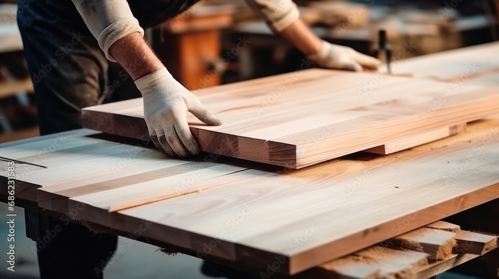 man owner a small furniture business is preparing wood for production. carpenter male is adjust wood to the desired size. architect, designer, Built-in, professional wood, craftsman, workshop. man owner a small furniture business is preparing wood for production. carpenter male is adjust wood to the desired size. architect, designer, Built-in, professional wood, craftsman, workshop.