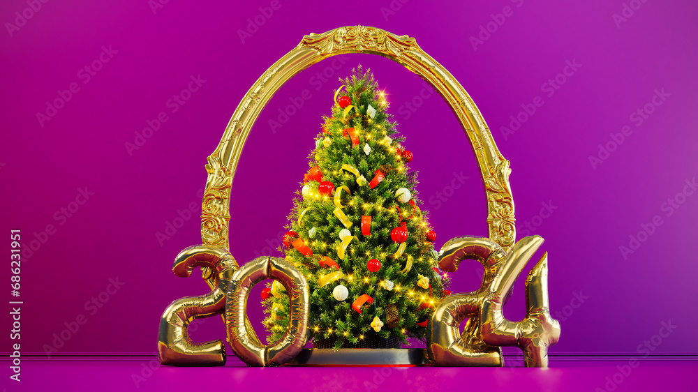golden Happy New Year 2024 in colored background with christmas tree. 3D render - obrazy, fototapety, plakaty 