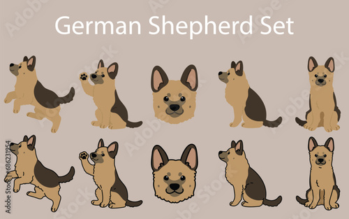 Simple and adorable German Shepherd illustrations set