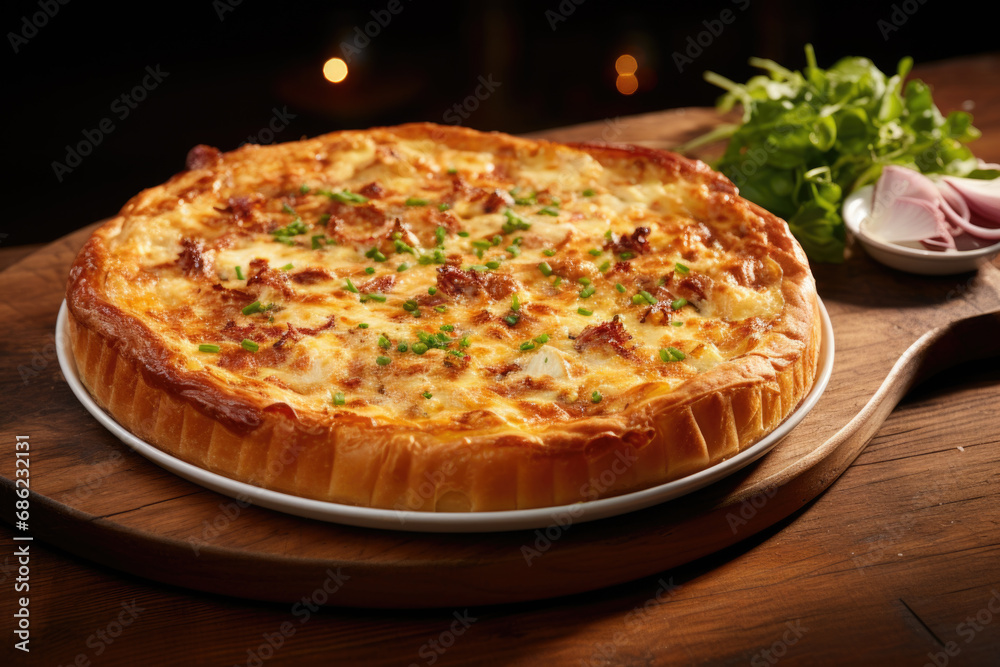 Quiche Lorraine on wooden table.  Traditional French cuisine