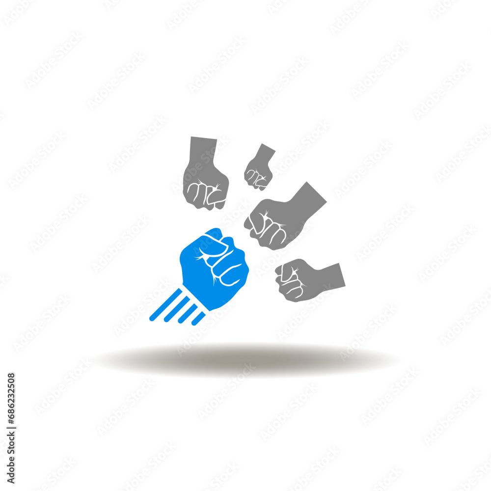 Vector illustration of one different fist against a bunch of other fists. Icon of disruption. Vector illustration of one different fist against a bunch of other fists. Icon of disruption.