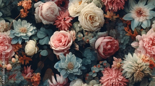 Wallpaper Mural Vintage botanical flower seamless wallpaper, vintage pattern for floral print digital background, texture, teal and white and pink flowers Torontodigital.ca
