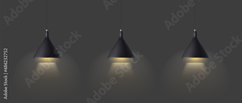 Three black shining modern pendant electric lamps on a dark background - vector image eps10
