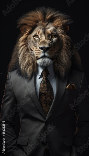 Portrait of a lion in a business suit on a dark background