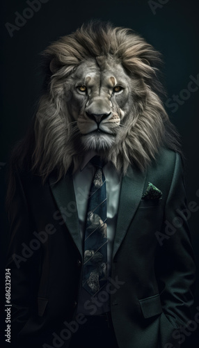 Portrait of a lion in a business suit on a dark background