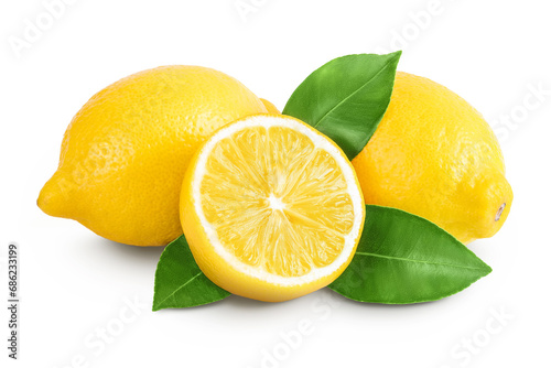 Ripe lemon with half isolated on white background with full depth of field.