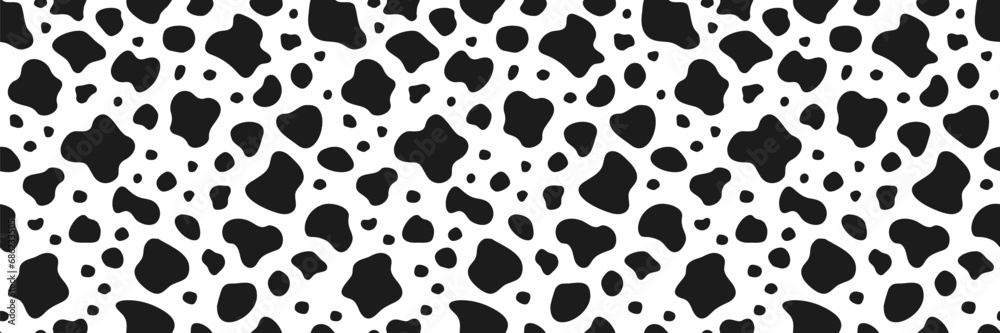 Vector cow seamless pattern. Black and white animal skin texture background. Milk farm, dairy illustration for print, package, surface design. Cartoon irregular spots wallpaper. Abstract doodle shapes