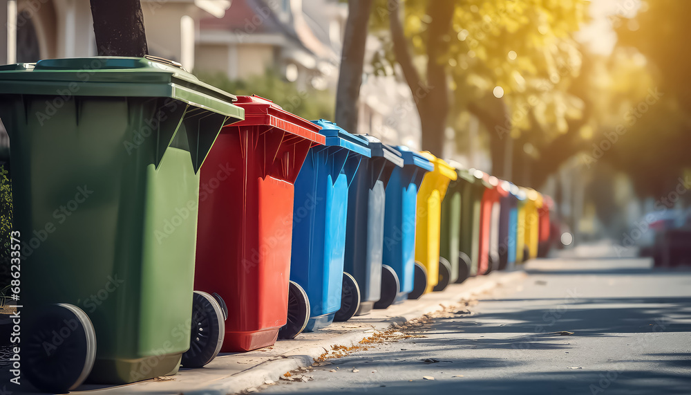 Bins for separate garbage collection on a clean street , Environmental eco safe Conservation