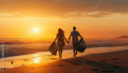 Couple picking up garbage on the beach at sunset , Environmental eco safe Conservation © terra.incognita