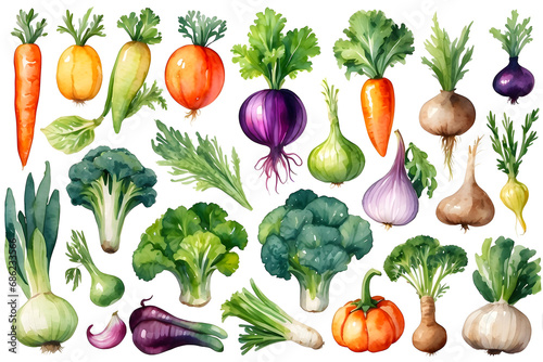 Set of watercolor vegetables isolated on transparent background