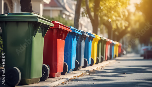 Bins for separate garbage collection on a clean street , Environmental eco safe Conservation