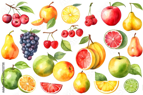 Set of watercolor fruits isolated on transparent background