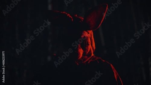 a murderer in a scary mask stands in a dark forest. photo