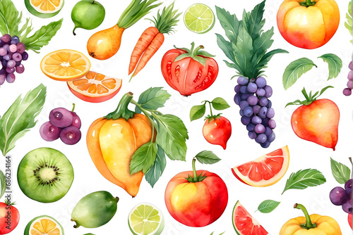 Set of watercolor fruits and vegetables isolated on transparent background