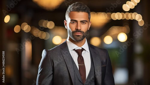 Arab man in business suit on date on blurred lights background