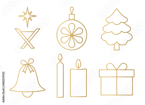 set of golden christmas icons: nativity scene, ball, present, fir tree, bell, candles and present- vector illustration
