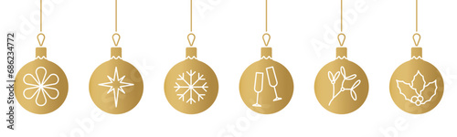 set of golden baubles with christmas elements - vector illustration