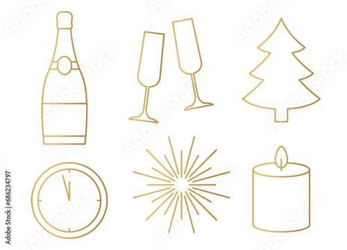 set of golden New Year's Eve icons: champagne bottle and glasses, christmas tree, clock, fireworks and candle- vector illustration