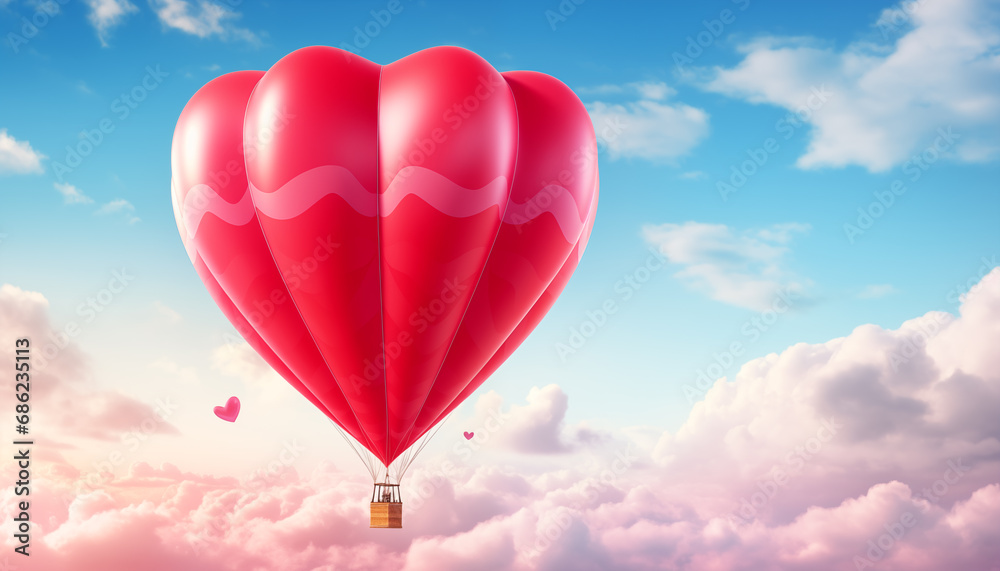 Globo con forma de corazón en un cielo azul con nubes. San Valentín