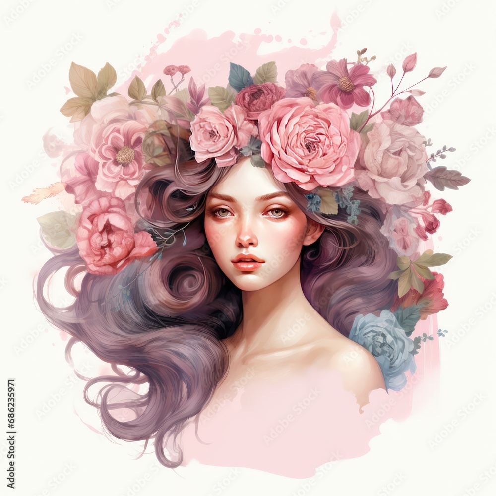 Pink Floral Lady Vintage Hues Watercolor Clipart