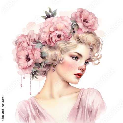 Pink Floral Lady Vintage Allure Watercolor Clipart