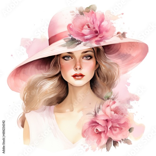 Pink Floral Lady with Fashionable Hat Watercolor Clipart